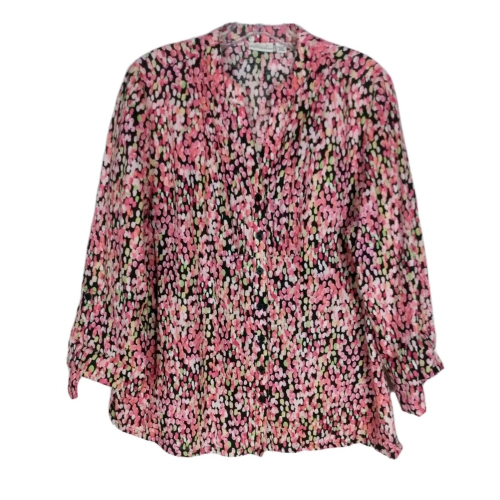 Kim Rogers pink floral 100% linen Shirt size L Roll Tap‎